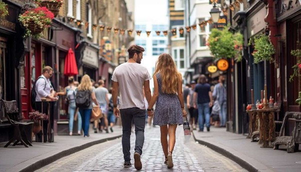 Jóvenes paseando por las calles de Londres, cogidos de la mano. Viajar barato a Londres es posible, si sabes hacerlo.