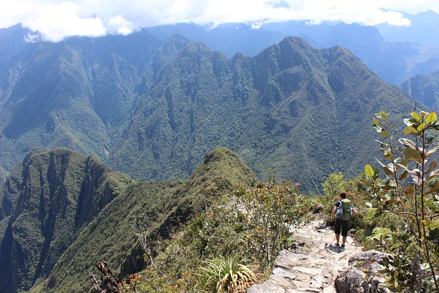 Hombre andando por un sendero en Machu Pichhu