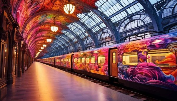 Precioso tren decorado con dibujos esperando para salir a su destino