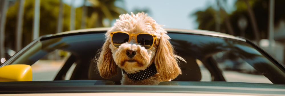 Perro con gafas asomado a la ventana de un coche