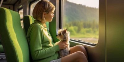 Mujer viajando en el tren con su perrito