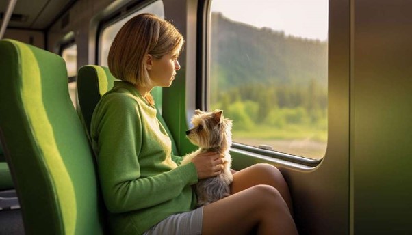 Mujer viajando en el tren con su perrito