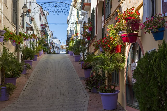 Preciosa calle de Estepona con macetas de flores en las paredes
