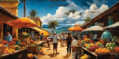 Hombre paseando por un mercado tradicional con productos de comida y palmeras al fondo