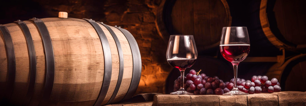 Barril de vino con dos copas de vino tinto y aceituna
