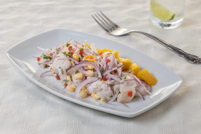 Foto ceviche plato típico a base de pescado de la cocina peruana presentado en un plato rectangular sobre fondo blanco