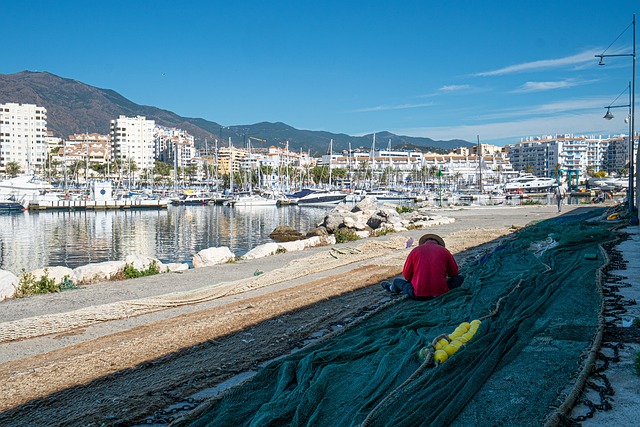 Puerto de Estepona con pescador en primer plano