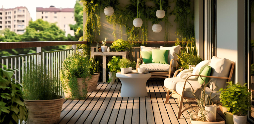 Preciosa terraza de hotel con sillones, mesa y macetas