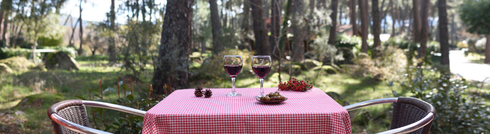 Mesa con mantel rosa y dos copas con vino tinto