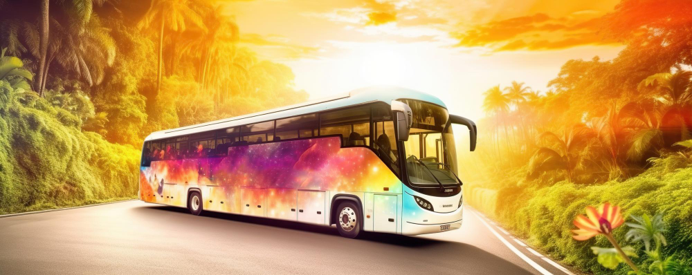 Autobús colorido, entorno tropical.