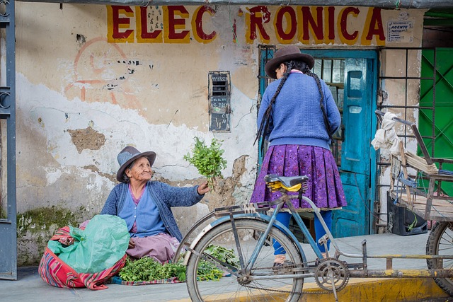 Mujer ny bviejo peruanos en una tienda con una vicicleta